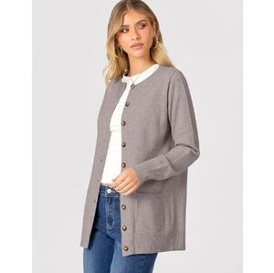 Casual Long Sleeve Crewneck Button Down Open Front Sweater Tan